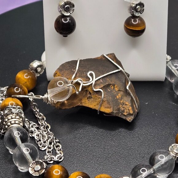 Tiger's Eye Clear Quartz Gemstone Beaded Flower Charm Jewelry Set - Picture 7 of 8